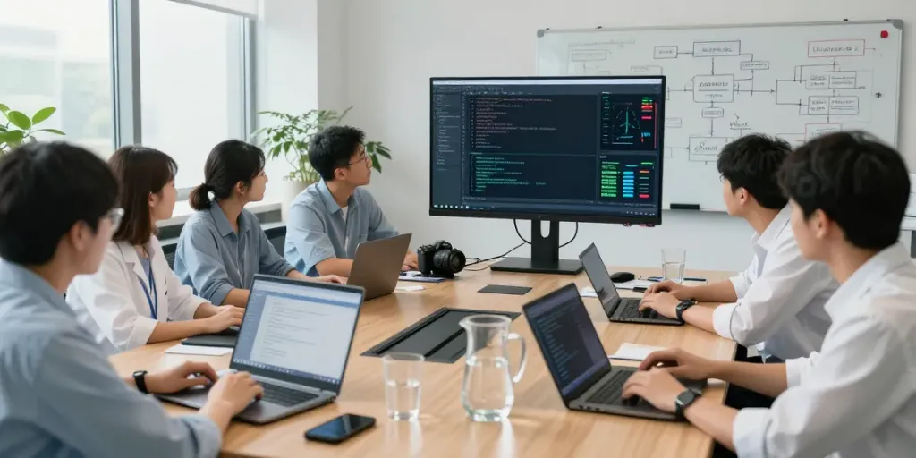 Dynamic enterprise AI team collaborating on innovative models in a modern lab setting.
