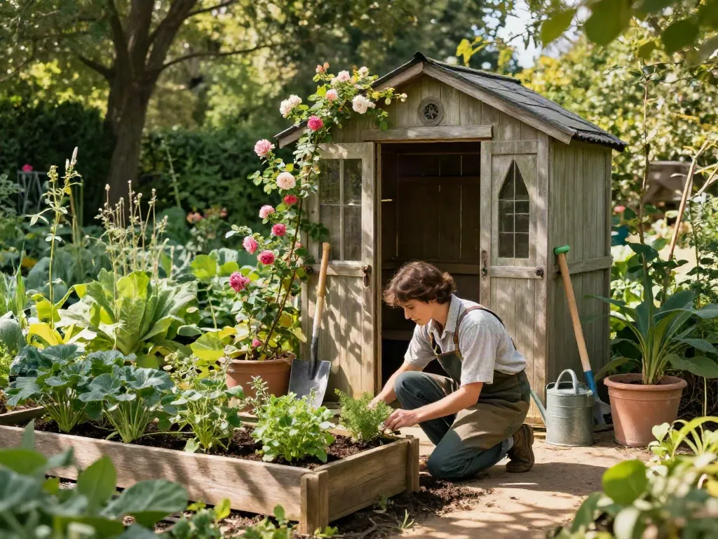 Garden potting sheds with a gardener planting herbs in a vibrant vegetable garden.
