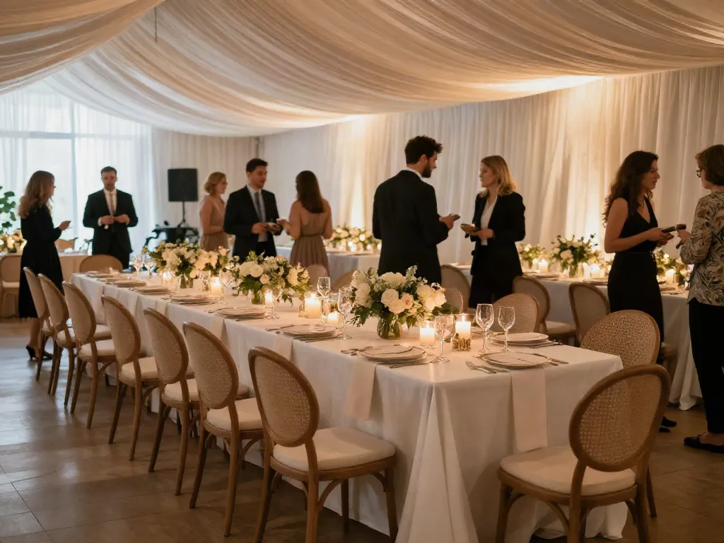 Event furniture rental showcasing a beautifully arranged banquet table in an elegant venue.