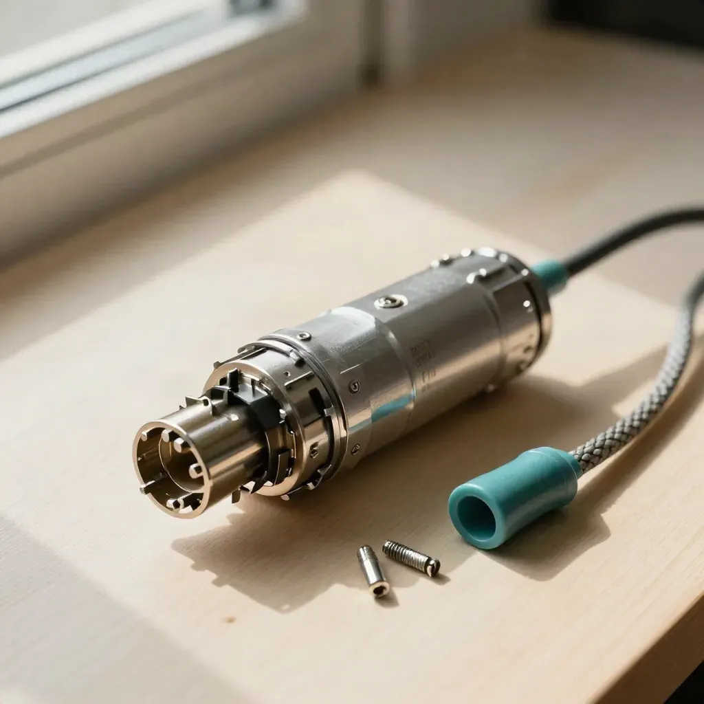 Avionics connector shell with crimp pins and braided lead on pale wood under soft daylight