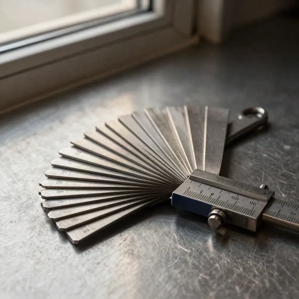 Macro of feeler gauges fanned beside a metal index clip on brushed steel, lit with raking light.