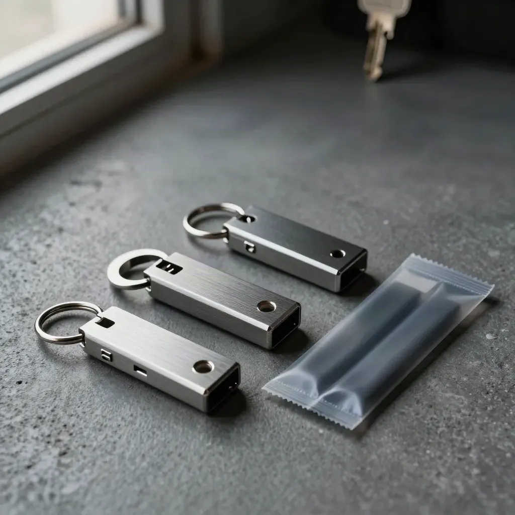 Three aluminum dongles, split ring, and sealed sleeves arranged on dark concrete, shot overhead.