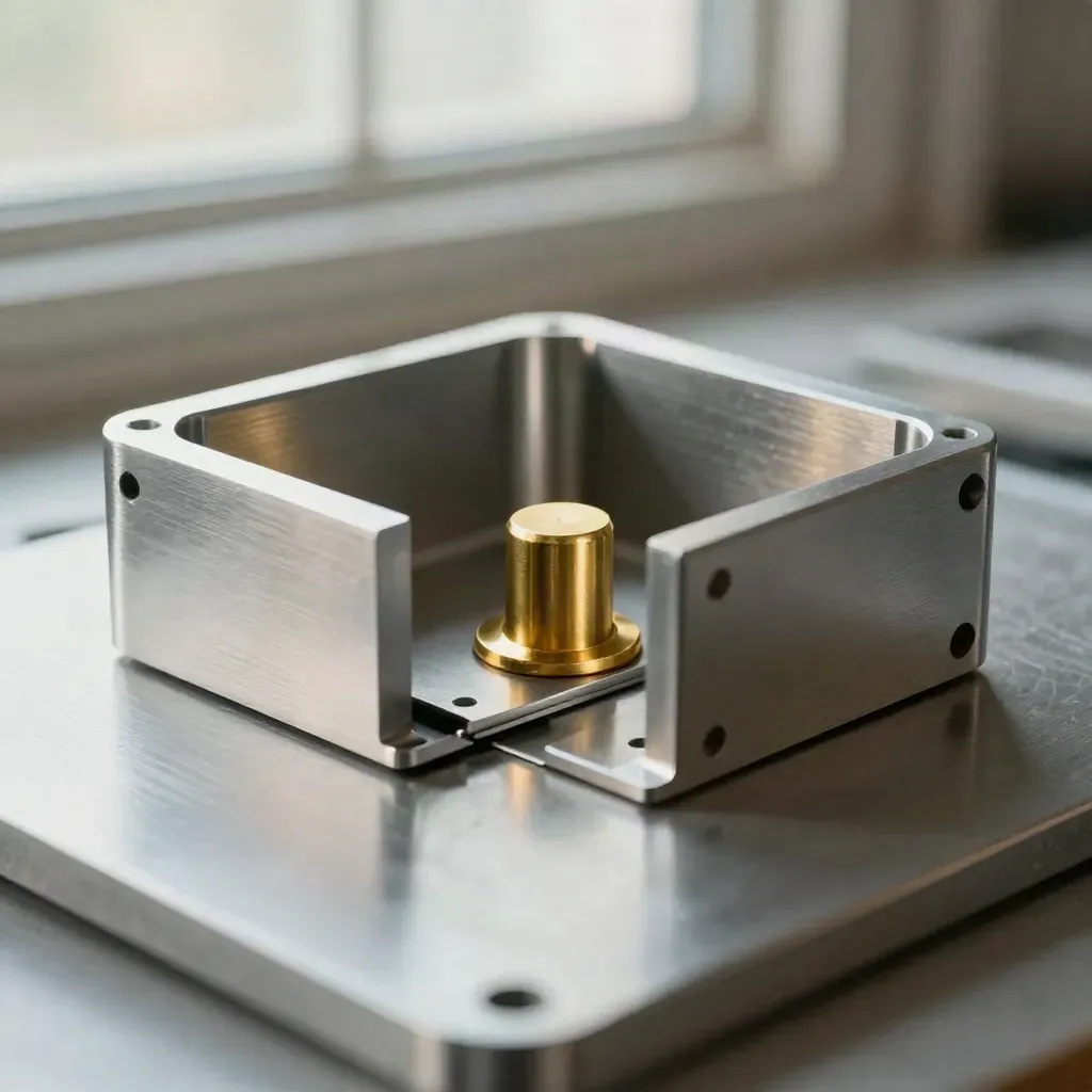 Machined enclosure halves and brass standoffs on brushed steel with a blurred foreground bracket.