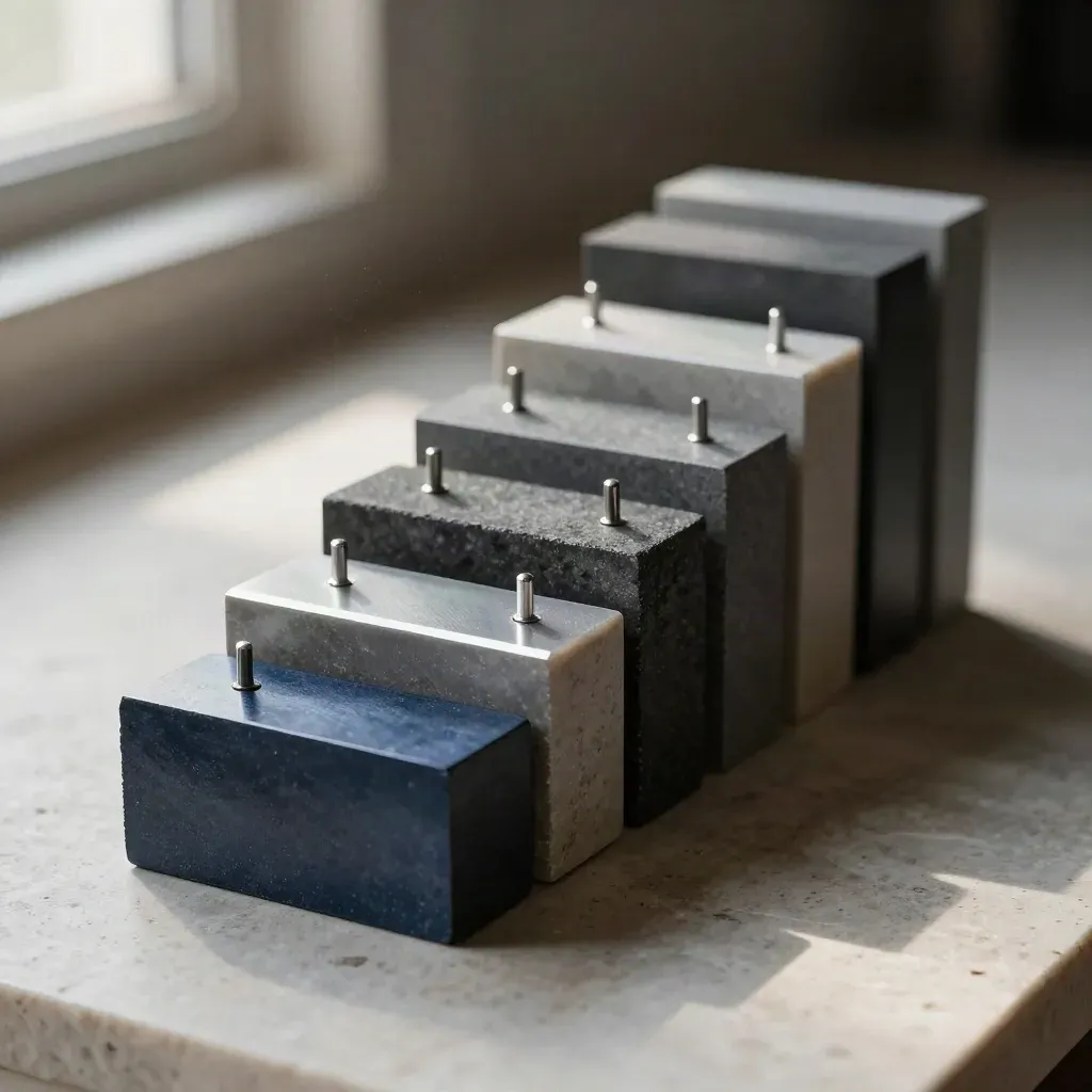 Graphite blocks, spacer and alignment pins on pale stone in a close side-lit macro.