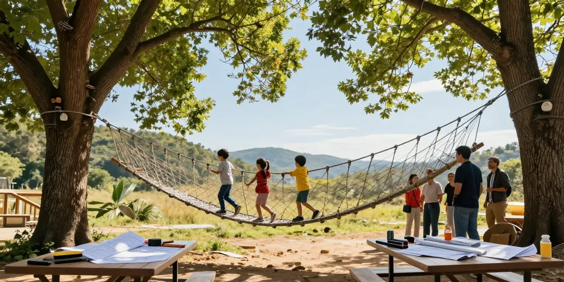 Rope Bridge design featuring children crossing a beautifully crafted bridge in a scenic outdoor setting.