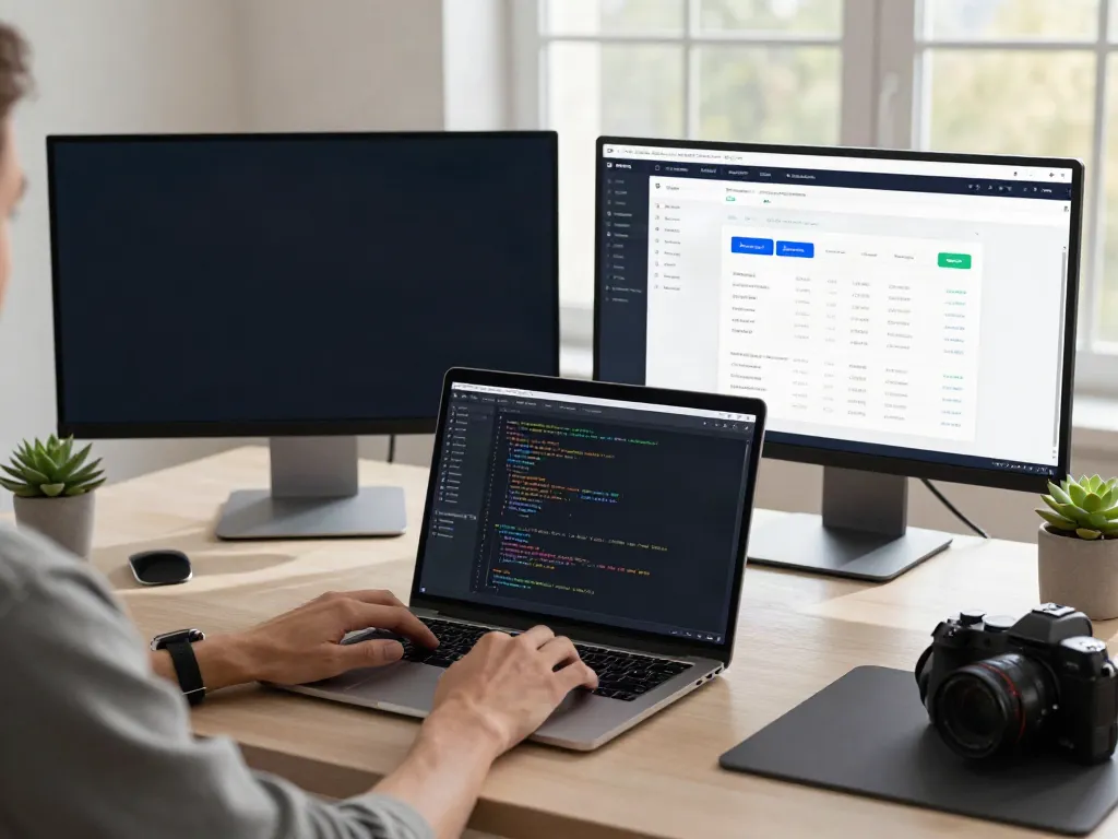 Developer coding using brave浏览器 in a modern workspace with natural light.
