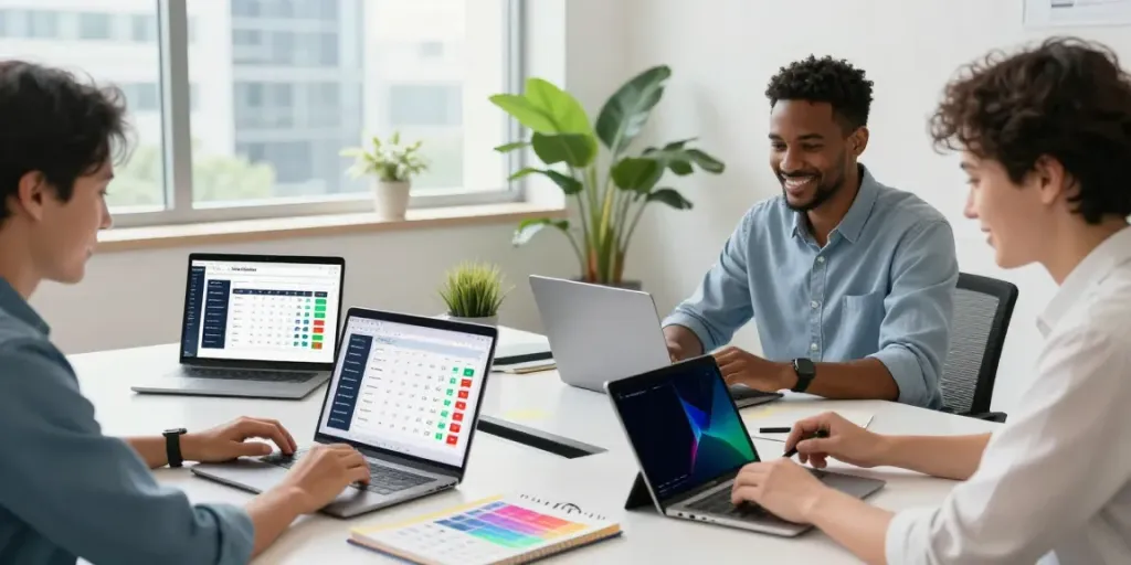 Calculator Online tools in action, showcasing professionals collaborating in a bright workspace.