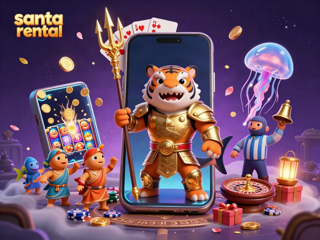 Engage in festive cheer with a vibrant scene showcasing a tiger shark in gladiator armor amidst gambling excitement while emphasizing santa rental.