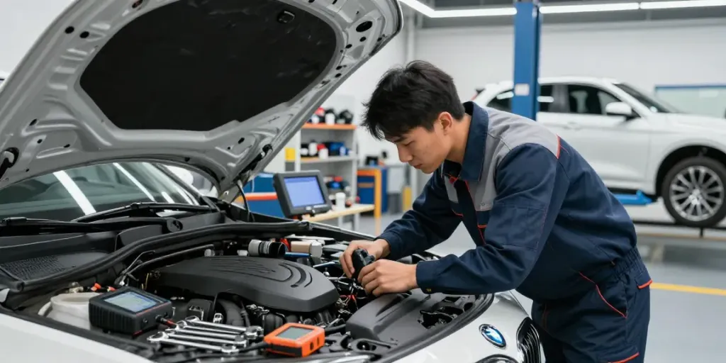 Professioneller Service in der BMW Werkstatt Hannover mit Mechaniker und Diagnosegeräten